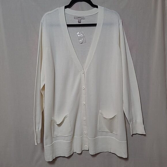 Woman Within Sweaters - Woman Within Cardigan Sweater Size 22/24 Button Up Pockets Knitted Ivory White